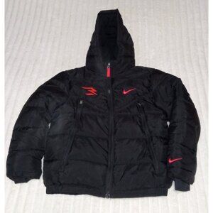 Nike Puffer Winter Coat Girls Size Medium 10/12 Black Pink Logo Jacket